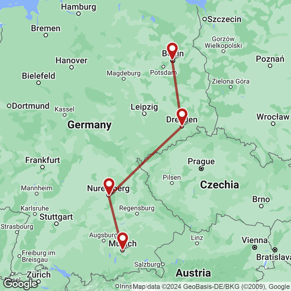 Route for Berlin, Dresden, Nuremberg, Munich tour